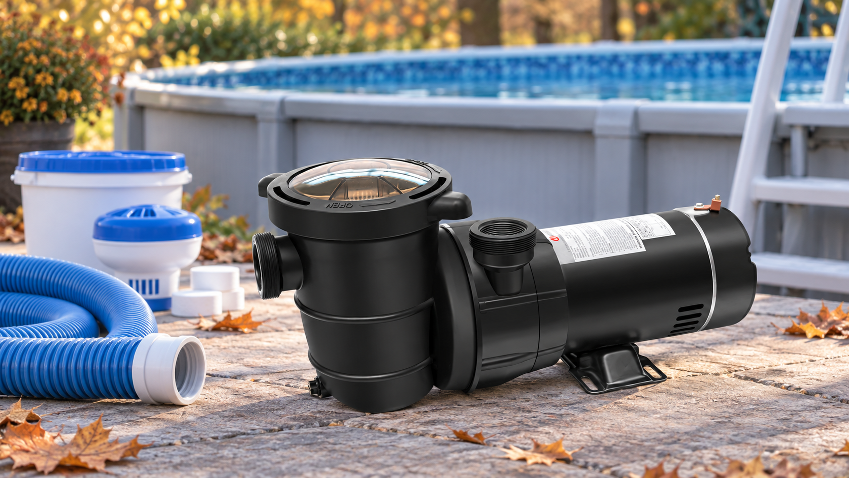 PUREBY above-ground pool pump prepared for seasonal winterizing