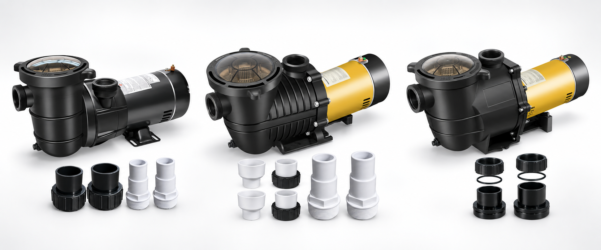 PUREBY pool pumps with rigid-pipe fittings and nominal pool-hose adapters