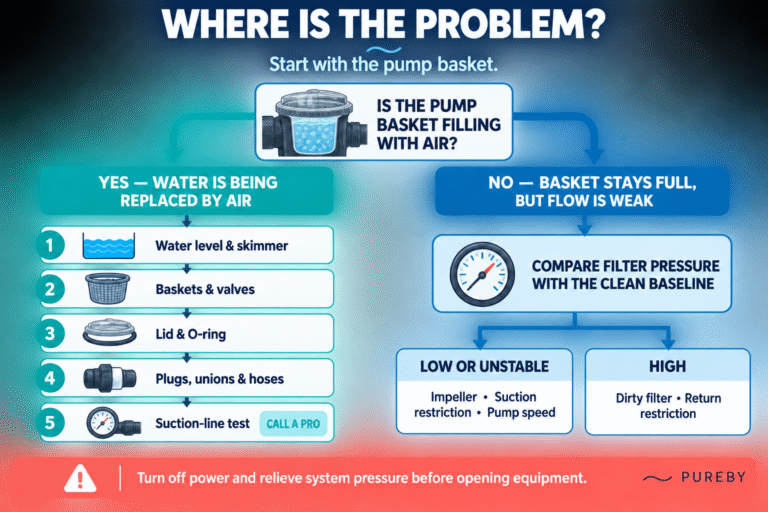 PUREBY pool-pump prime and flow diagnostic decision tree